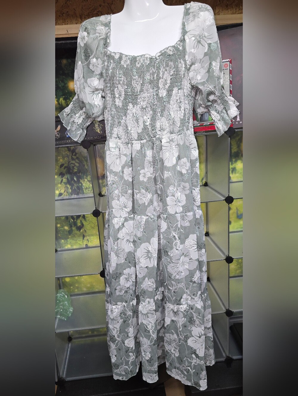 #80 Smocked Floral Maxi Dress in Sage Green and White